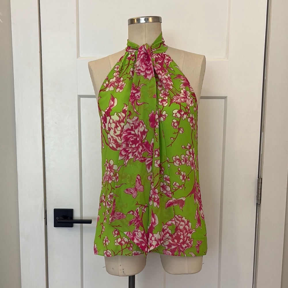 JAYGODFREY Green and Pink Floral Halter Blouse